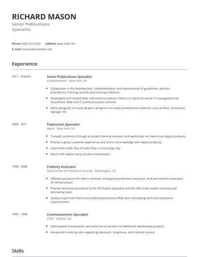 Senior Publications Specialist Resume