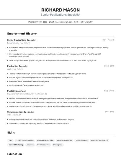 Senior Publications Specialist Resume