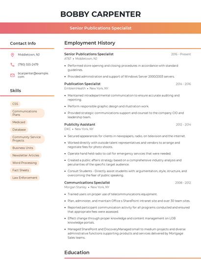 Senior Publications Specialist Resume
