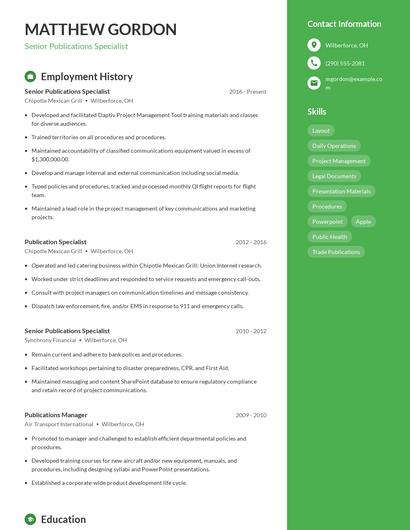 Senior Publications Specialist Resume