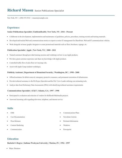 Senior Publications Specialist Resume