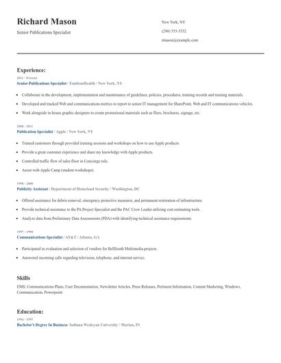 Senior Publications Specialist Resume
