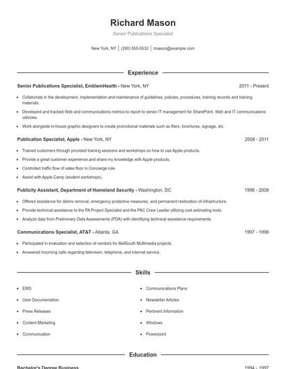 Senior Publications Specialist Resume