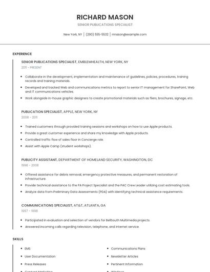 Senior Publications Specialist Resume