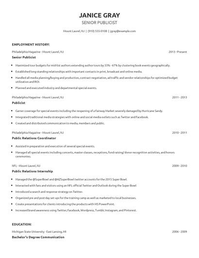 Senior Publicist Resume
