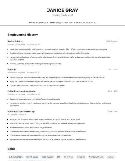 Senior Publicist Resume