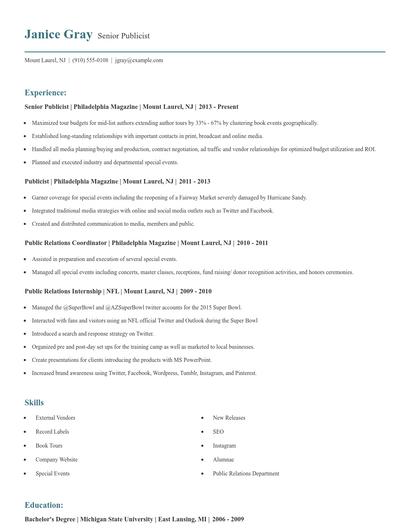 Senior Publicist Resume