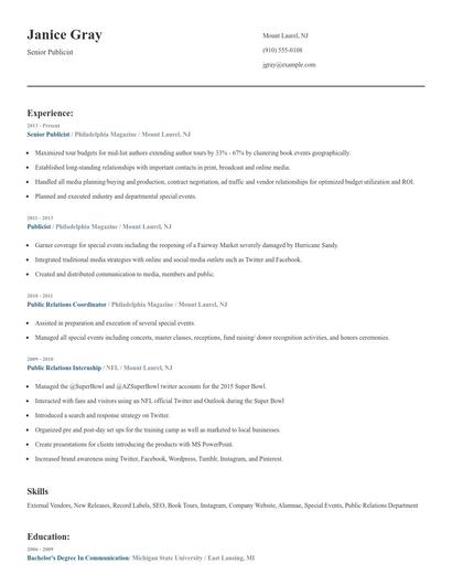 Senior Publicist Resume