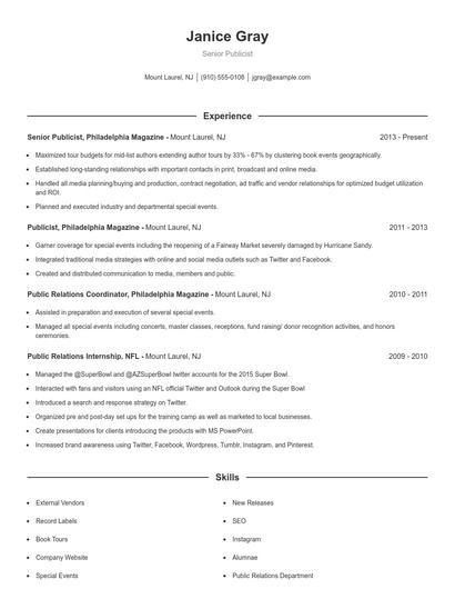 Senior Publicist Resume