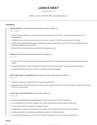 Senior Publicist Resume