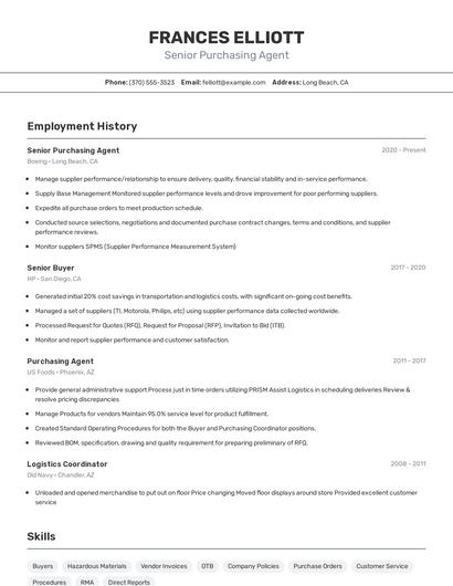 Senior Purchasing Agent Resume