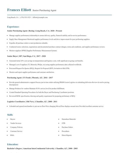 Senior Purchasing Agent Resume