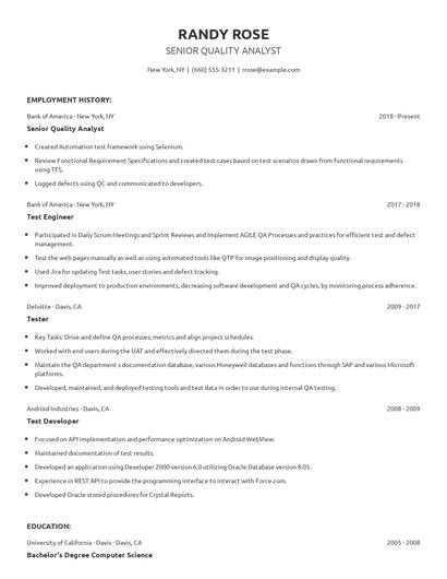 Senior Quality Analyst Resume