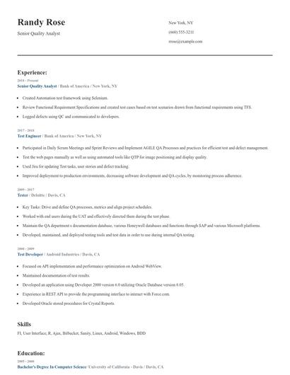 Senior Quality Analyst Resume
