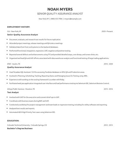 Senior Quality Assurance Analyst Resume