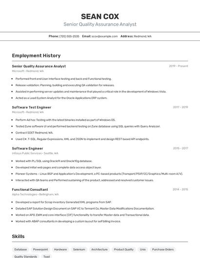 Senior Quality Assurance Analyst Resume
