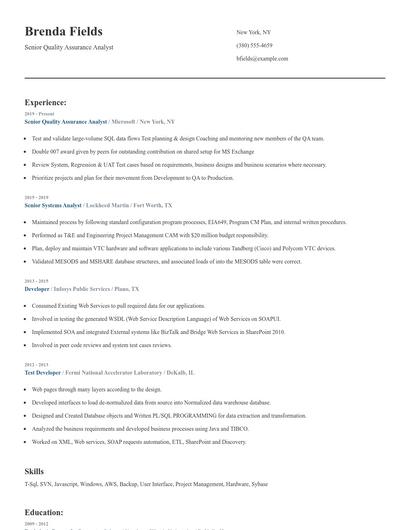 Senior Quality Assurance Analyst Resume