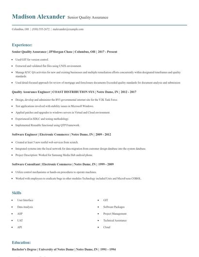 Senior Quality Assurance Resume