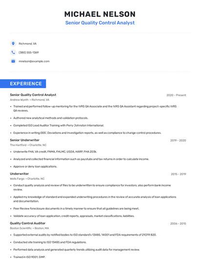 Senior Quality Control Analyst Resume