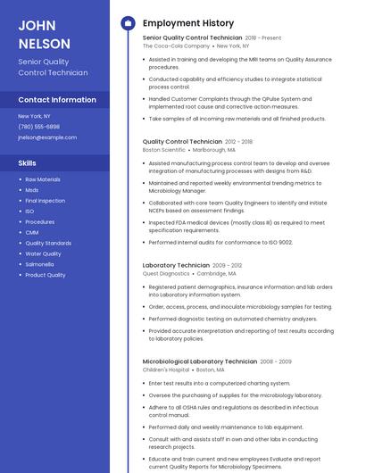 Senior Quality Control Technician Resume