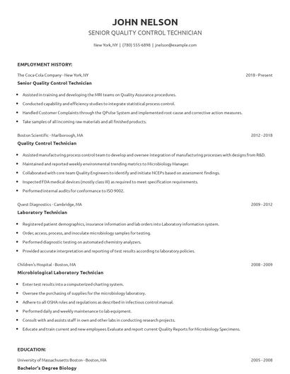 Senior Quality Control Technician Resume