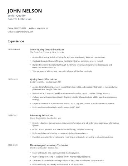 Senior Quality Control Technician Resume