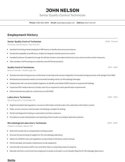 Senior Quality Control Technician Resume