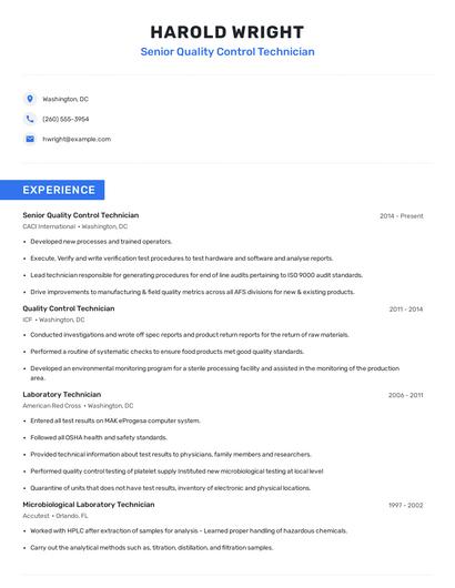 Senior Quality Control Technician Resume