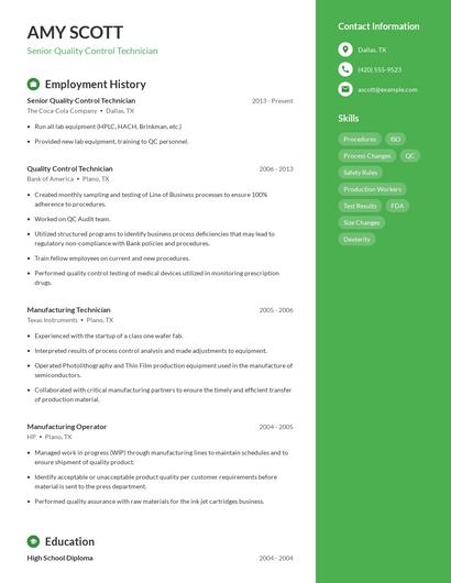 Senior Quality Control Technician Resume