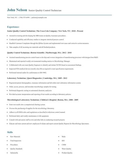Senior Quality Control Technician Resume
