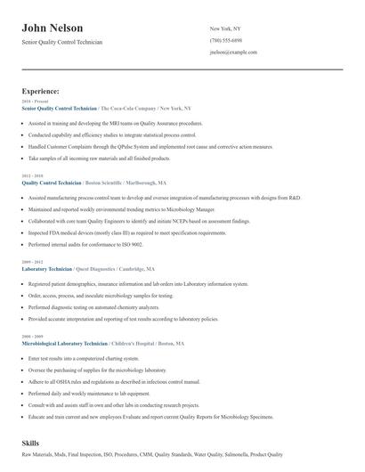 Senior Quality Control Technician Resume