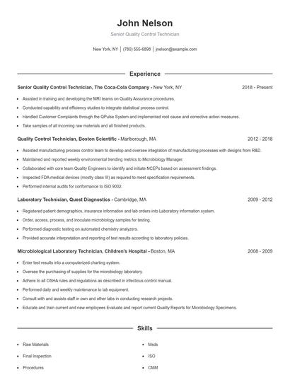 Senior Quality Control Technician Resume