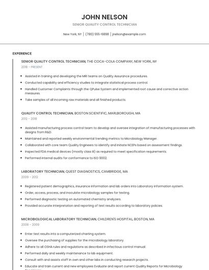 Senior Quality Control Technician Resume