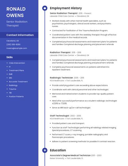 Senior Radiation Therapist Resume