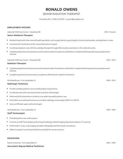 Senior Radiation Therapist Resume