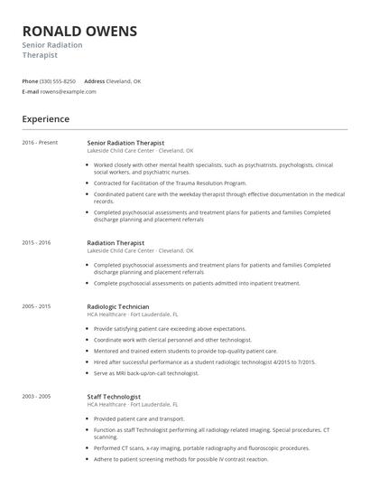 Senior Radiation Therapist Resume