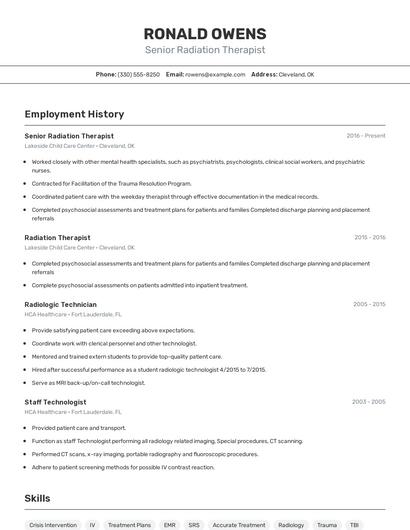 Senior Radiation Therapist Resume