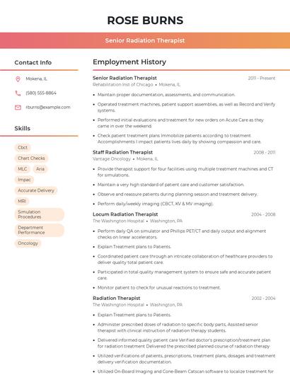 Senior Radiation Therapist Resume
