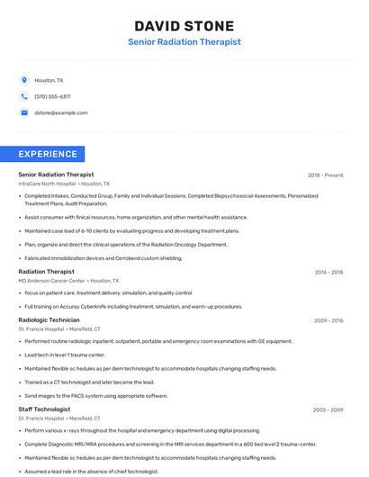 Senior Radiation Therapist Resume
