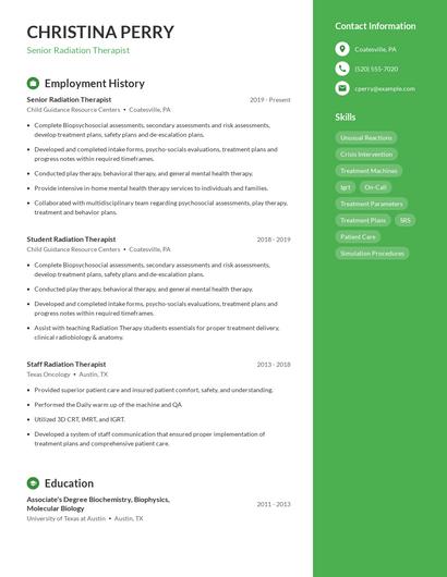 Senior Radiation Therapist Resume