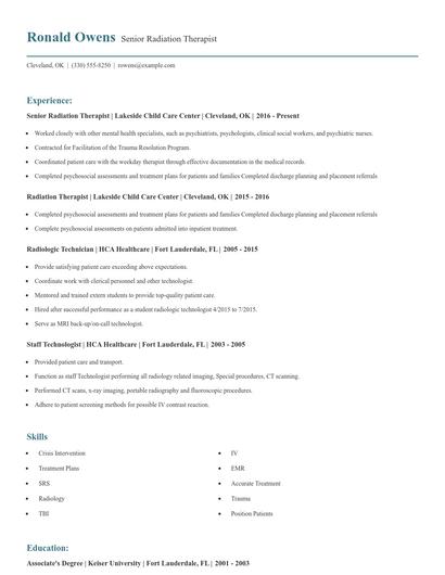 Senior Radiation Therapist Resume
