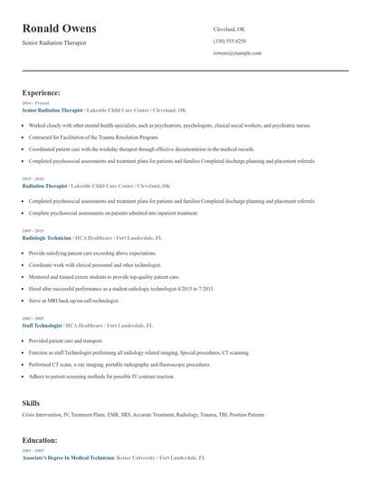 Senior Radiation Therapist Resume