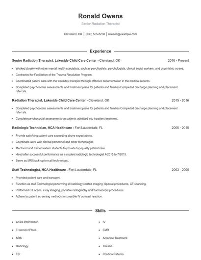 Senior Radiation Therapist Resume