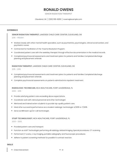 Senior Radiation Therapist Resume