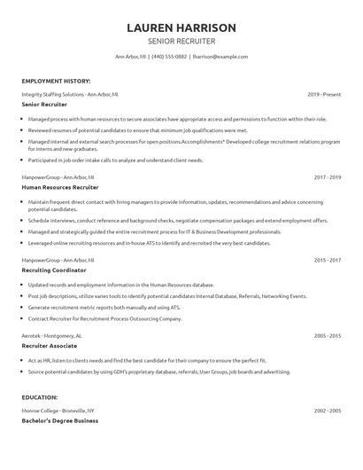 Senior Recruiter Resume