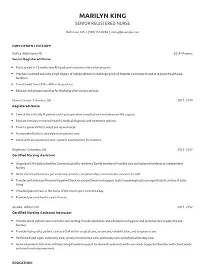 Senior Registered Nurse Resume