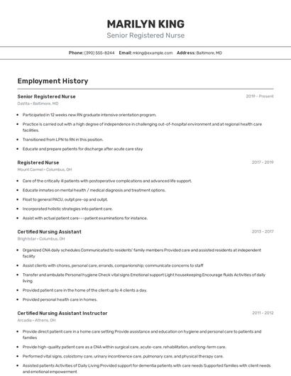 Senior Registered Nurse Resume