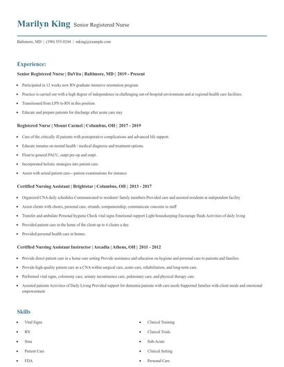 Senior Registered Nurse Resume