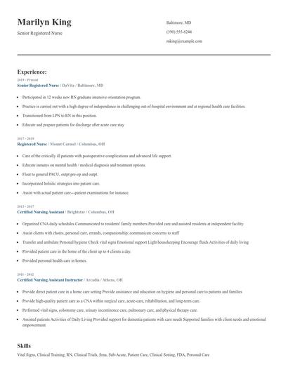Senior Registered Nurse Resume