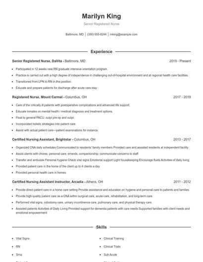 Senior Registered Nurse Resume